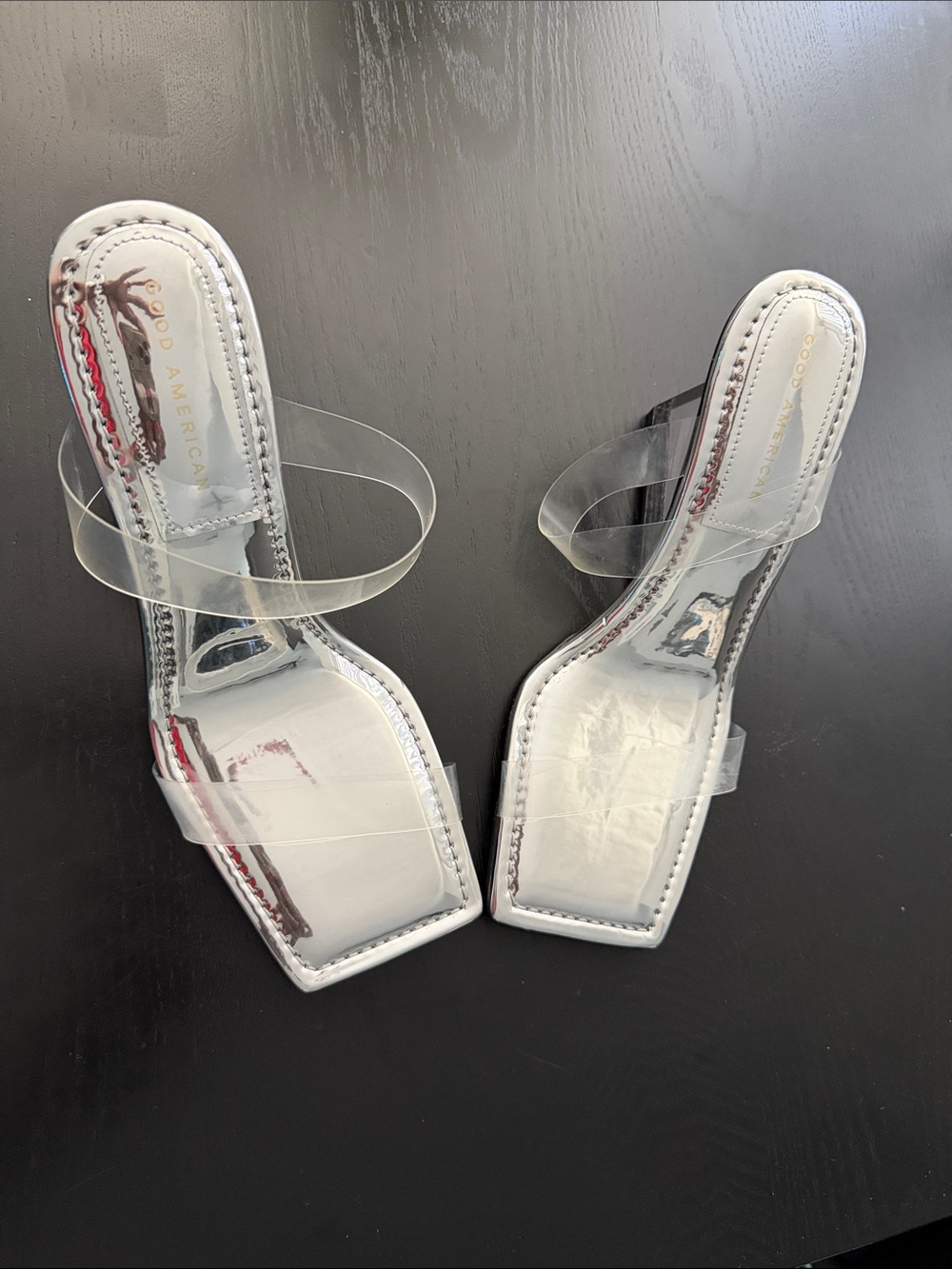 Good American White Square-Toe Mules with Clear Straps and Red/Blue Accents